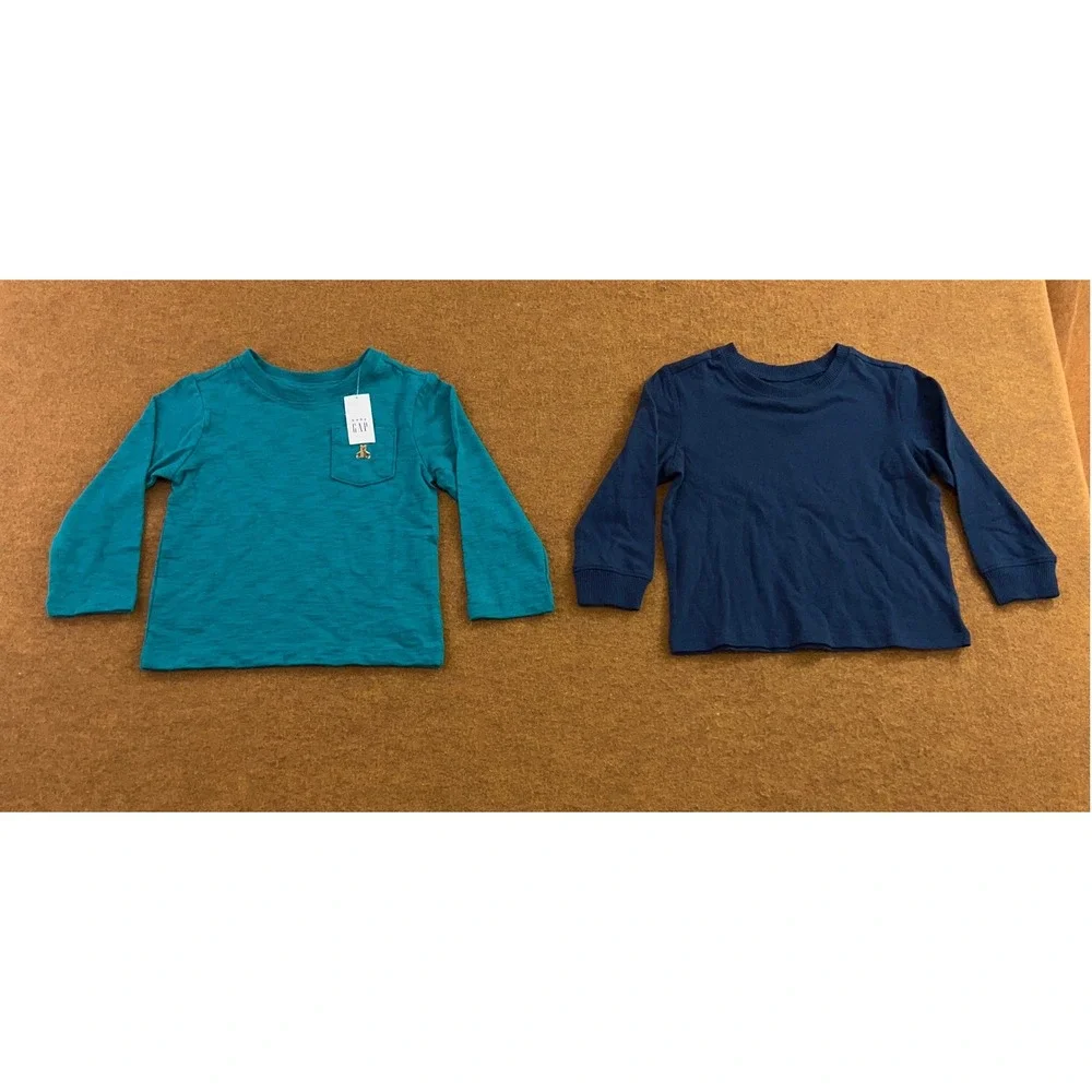 Gap Old Navy Toddler 2T Teal Navy Long Sleeve Cotton Pocket T-Shirt Lot New